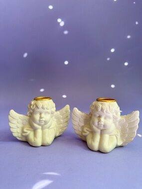 Vintage Cream Angel Cherub Taper Candlestick Holders with Gold Rim